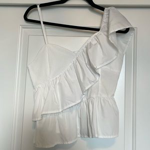 Romwe One sleeve adjustable strap white ruffled top